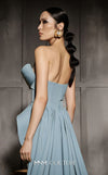 MNM Couture Style N0664 light blue rayon crepe sleeveless gown with asymmetric neckline & clean column fit. | Couture Shop LA