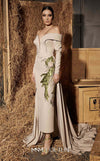 MNM Couture Style N0666 beige rayon crepe maxi with off-shoulder sleeves & deep sweetheart neckline. | Couture Shop LA