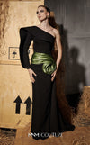 MNM Couture Style N0667 black rayon crepe column dress with asymmetric neckline & unique one-sleeve design. | Couture Shop LA