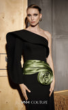 MNM Couture Style N0667 black rayon crepe column dress with asymmetric neckline & unique one-sleeve design. | Couture Shop LA