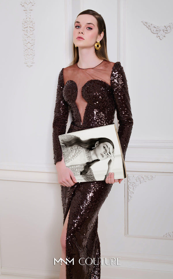 MNM Couture N0668 brown sequin gown with a fitted silhouette, long sleeves, illusion asymmetric neckline, and a high front slit. | Couture Shop LA