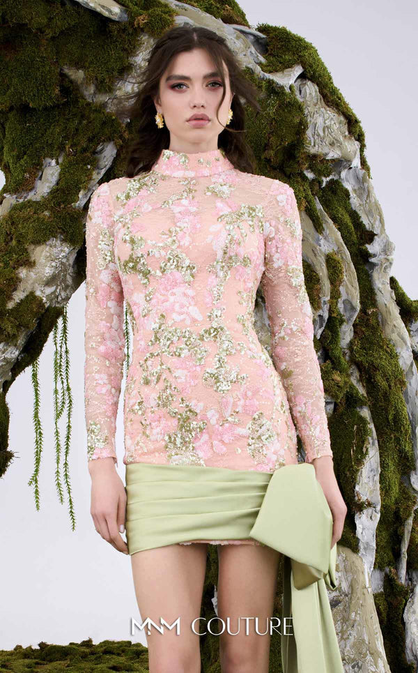 MNM Couture N0673 beige and light green embroidered mini dress with a high neckline, long sleeves, and an oversized silk bow with a long train. | Couture Shop LA