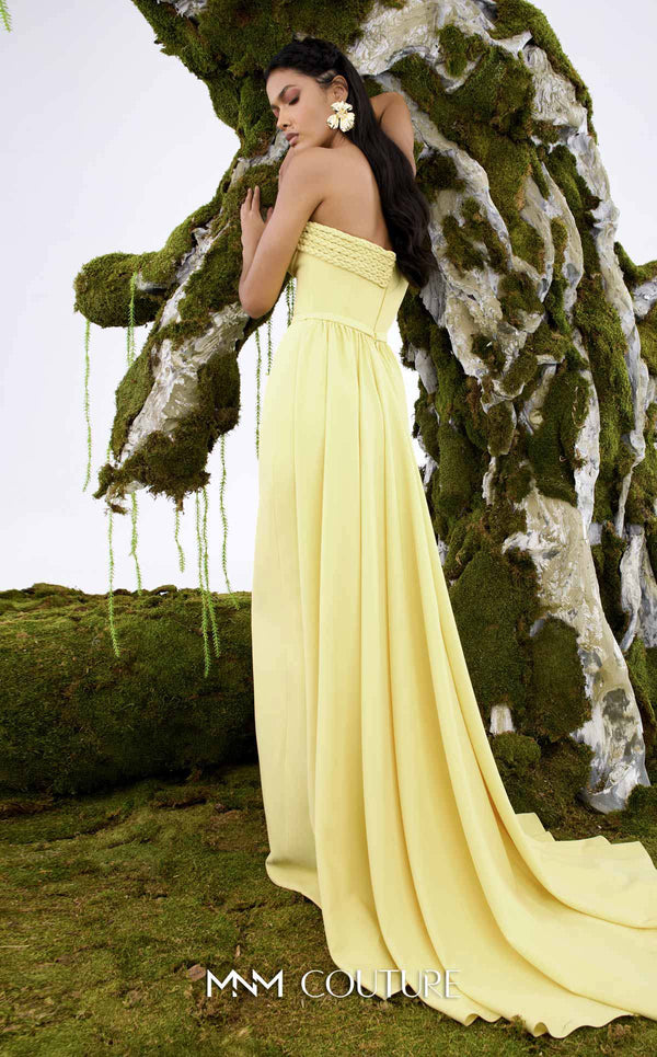 MNM Couture N0687 fitted column gown with an asymmetric pleated sweetheart bodice, braided straps, and a long train. | Couture Shop LA