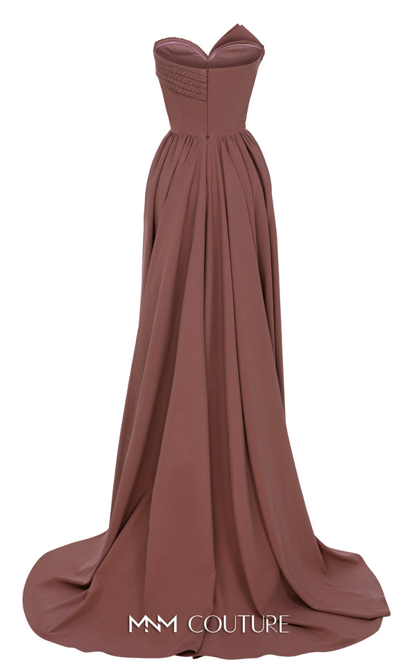 MNM Couture N0687 fitted column gown with an asymmetric pleated sweetheart bodice, braided straps, and a long train. | Couture Shop LA