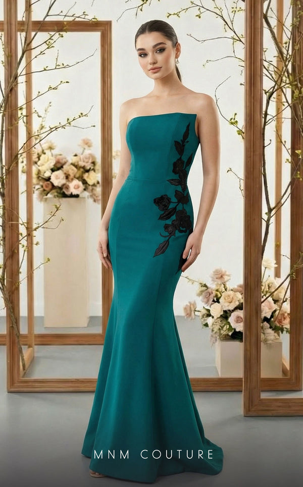 MNM Couture N0700 green and purple crepe column gown with leather floral appliqués, asymmetrical neckline, and trumpet train | Couture Shop LA