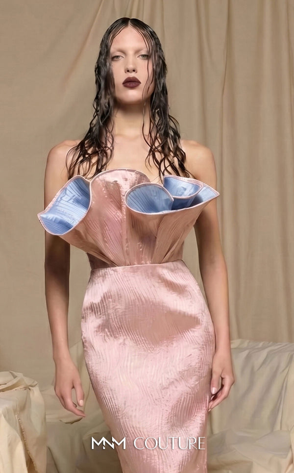 MNM Couture N0704 strapless sleek column gown with sweetheart neckline, sculptural pleated contrasting bustline, and dramatic back slit | Couture Shop LA.
