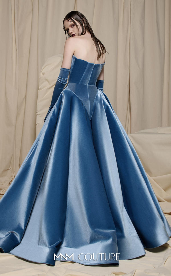 MNM Couture N0711 velvet and satin strapless ball gown with deep plunging V-neckline, velvet bow belt, and repeated velvet V-panels in a full satin skirt | Couture Shop LA