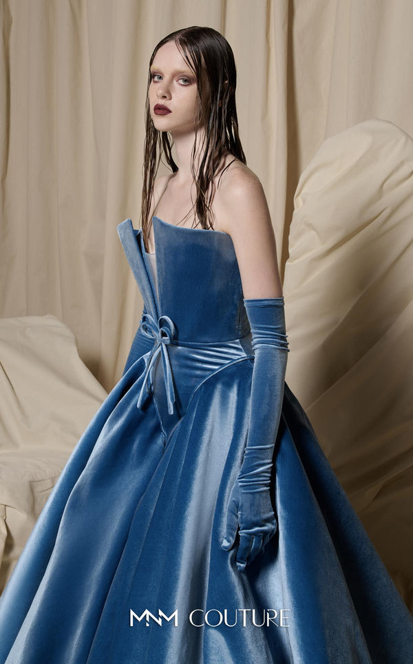 MNM Couture N0711 velvet and satin strapless ball gown with deep plunging V-neckline, velvet bow belt, and repeated velvet V-panels in a full satin skirt | Couture Shop LA