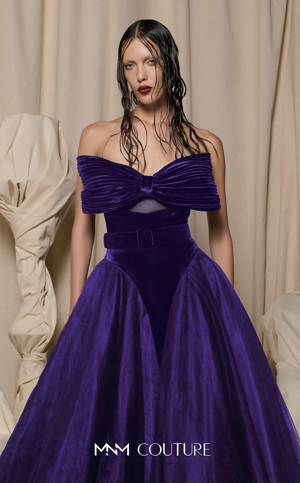 MNM Couture Style N0713 strapless velvet and tulle ballgown with a sweetheart neckline, pleated bow bodice, and mesh panels. | Couture Shop LA