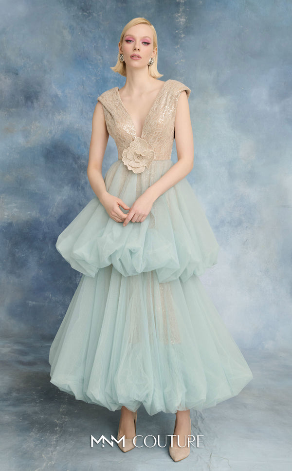 MNM Couture N0719 tulle mesh and sequin lace tiered A-line gown with V-neck, cap sleeves, bubble skirt, and floral appliqué waist | Couture Shop LA.