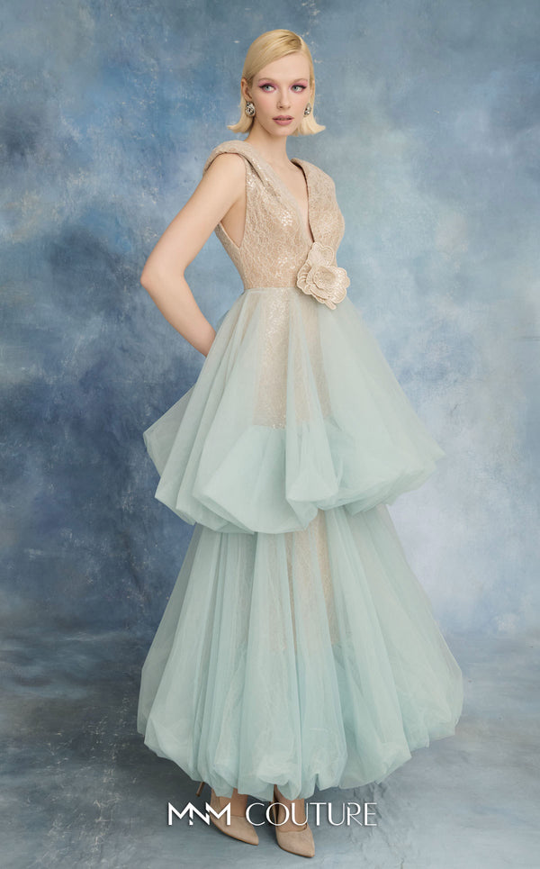 MNM Couture N0719 tulle mesh and sequin lace tiered A-line gown with V-neck, cap sleeves, bubble skirt, and floral appliqué waist | Couture Shop LA.
