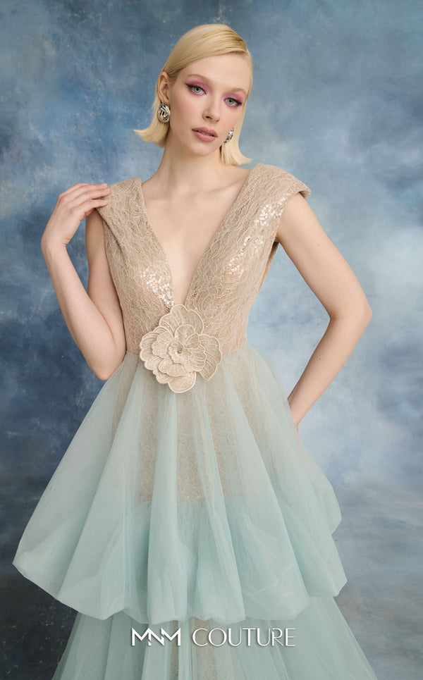 MNM Couture N0719 tulle mesh and sequin lace tiered A-line gown with V-neck, cap sleeves, bubble skirt, and floral appliqué waist | Couture Shop LA.