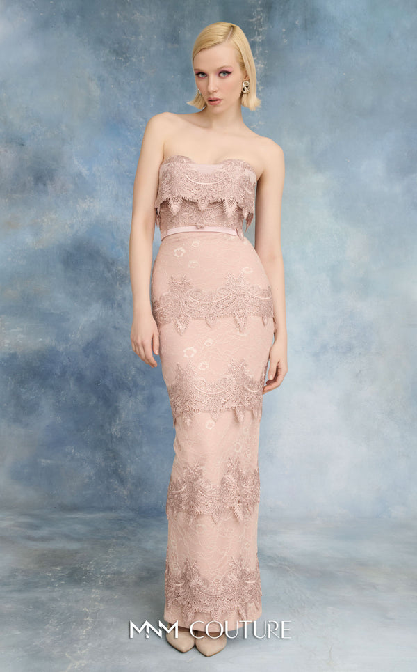 MNM Couture N0731 convertible blush strapless lace column gown with tiered scalloped guipure skirt, floating lace peplum, thin satin belt, and detachable puff-sleeve satin overcoat with pooling train | Couture Shop LA.