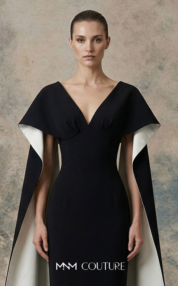 MNM Couture N0746 crepe V-neck column gown with princess darts, pleated bust, and floor-length cape sleeves with contrasting lining | Couture Shop LA.