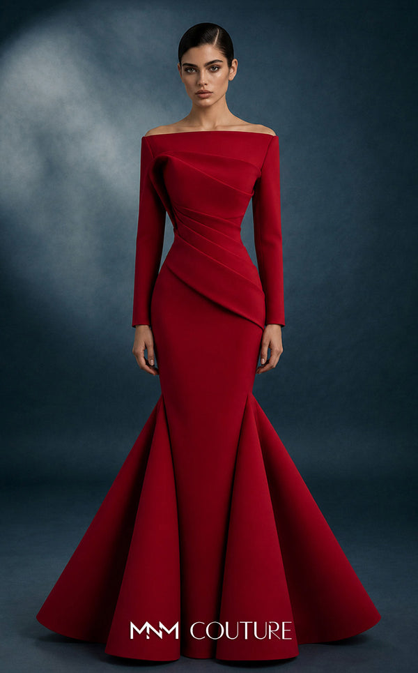 MNM Couture N0761 off-shoulder crepe trumpet gown with straight-across neckline, long sleeves, structural diagonal pleated drapes, and cone-flared skirt | Couture Shop LA.
