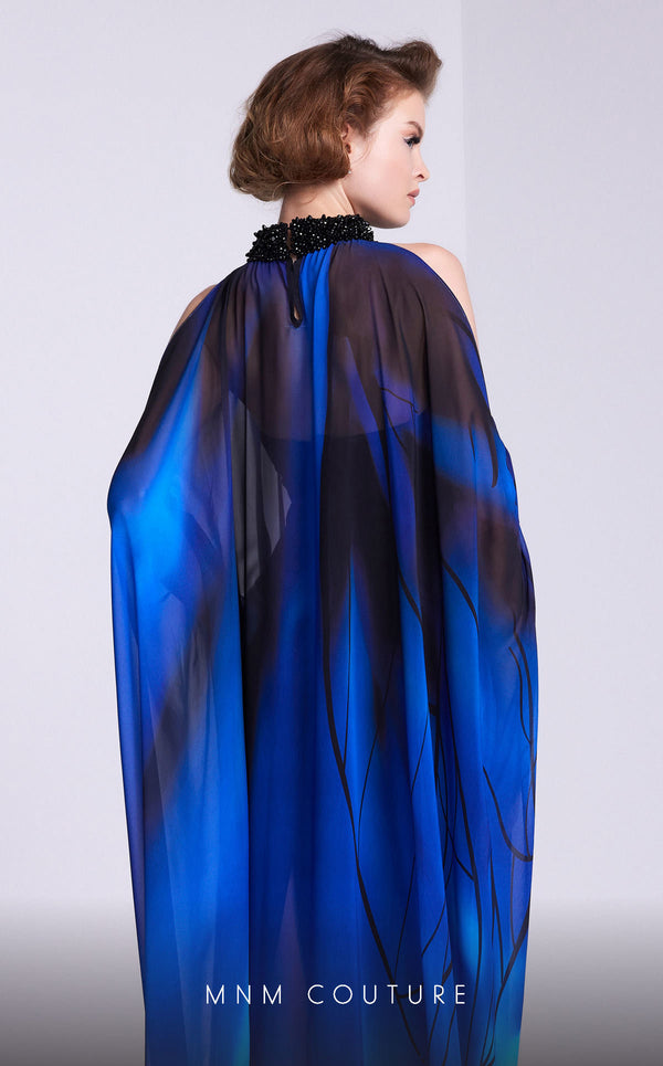 MNM Couture NA0101 cold-shoulder printed A-line gown with beaded overlay and sweep train. | Couture Shop LA