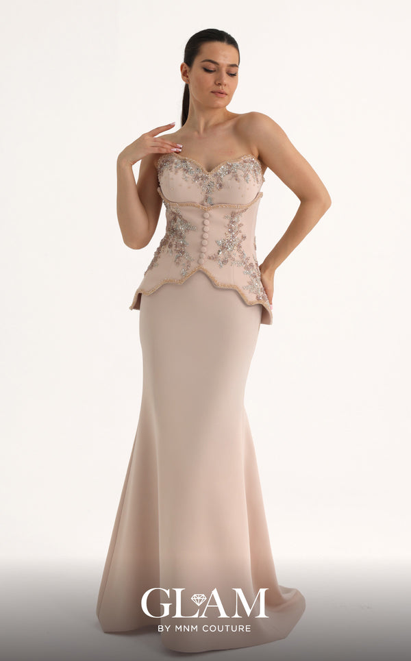 MNM Couture O07796 strapless crepe mermaid gown with beaded underbust corset, self-covered buttons, and crystal bust