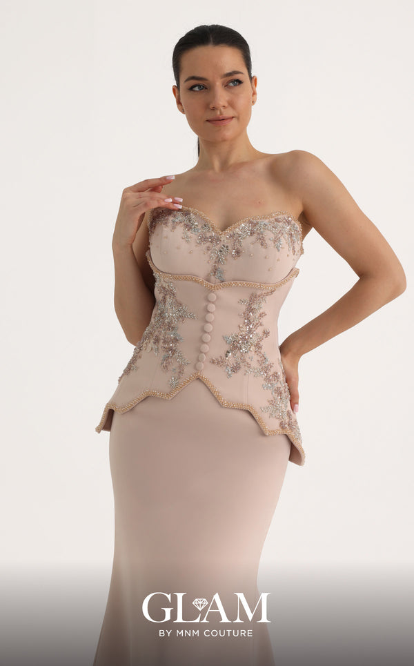 MNM Couture O07796 strapless crepe mermaid gown with beaded underbust corset, self-covered buttons, and crystal bust