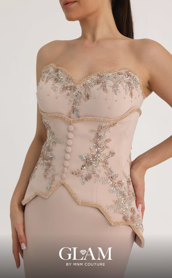 MNM Couture O07796 strapless crepe mermaid gown with beaded underbust corset, self-covered buttons, and crystal bust