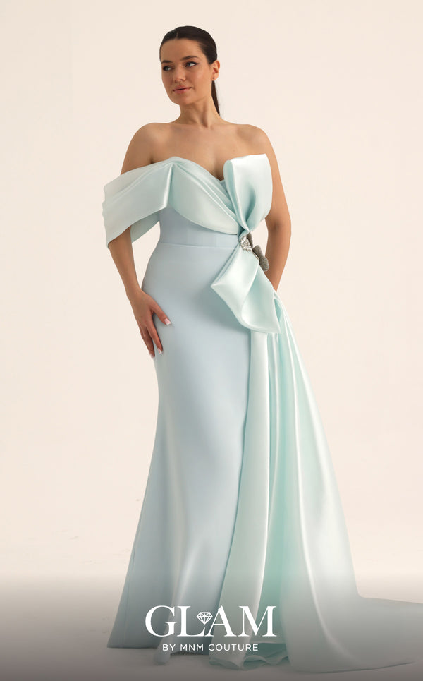 MNM Couture O07802 one-shoulder crepe organza column gown with draped bodice, crystal bow, and side train