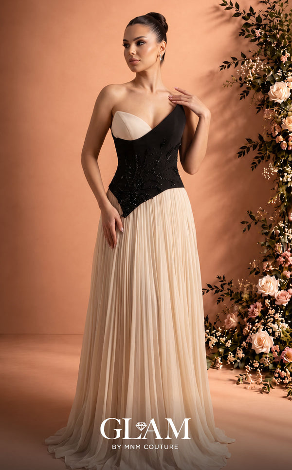 MNM Couture O07808 strapless asymmetric crepe chiffon A-line gown with beaded corset and pleated skirt