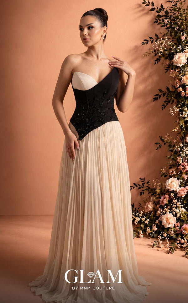 MNM Couture O07808 strapless asymmetric crepe chiffon A-line gown with beaded corset and pleated skirt