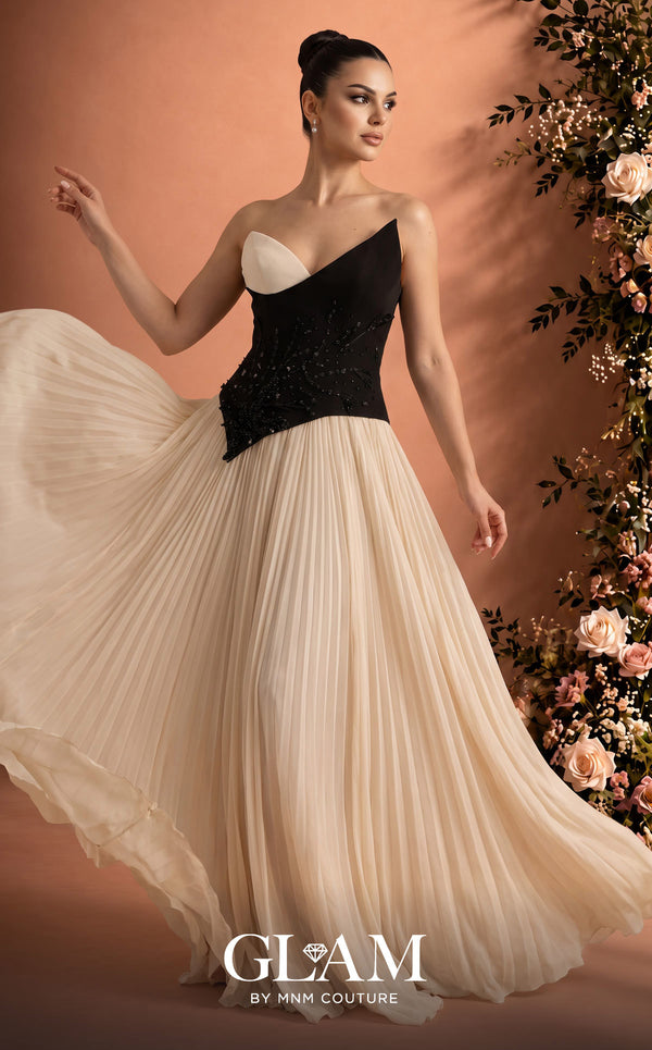 MNM Couture O07808 strapless asymmetric crepe chiffon A-line gown with beaded corset and pleated skirt
