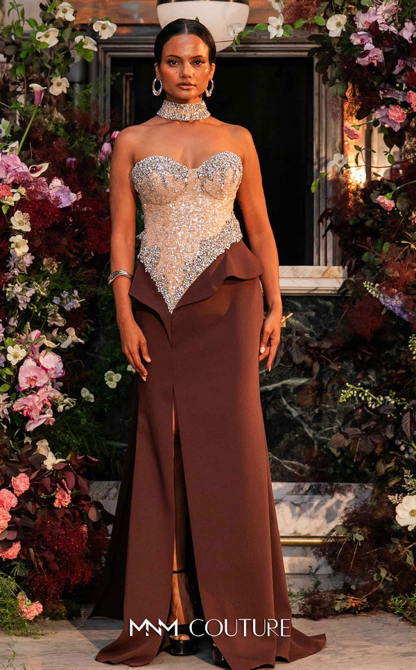 MNM Couture O07814 strapless crepe gown with beaded corset, crystals, peplum, and side slit