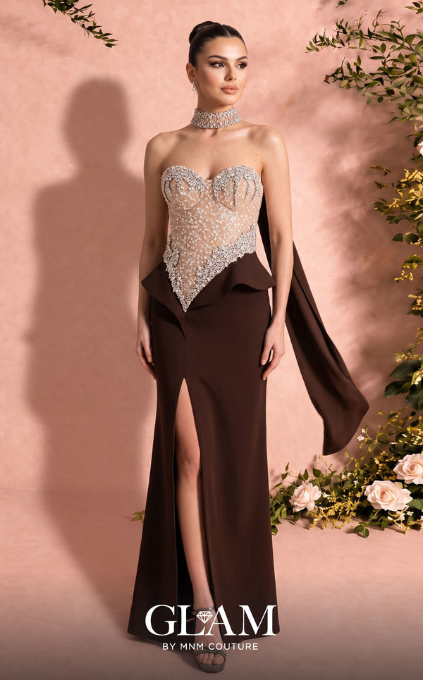MNM Couture O07814 strapless crepe gown with beaded corset, crystals, peplum, and side slit