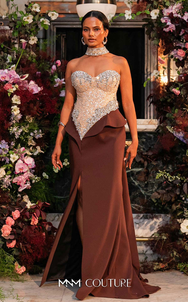MNM Couture O07814 strapless crepe gown with beaded corset, crystals, peplum, and side slit