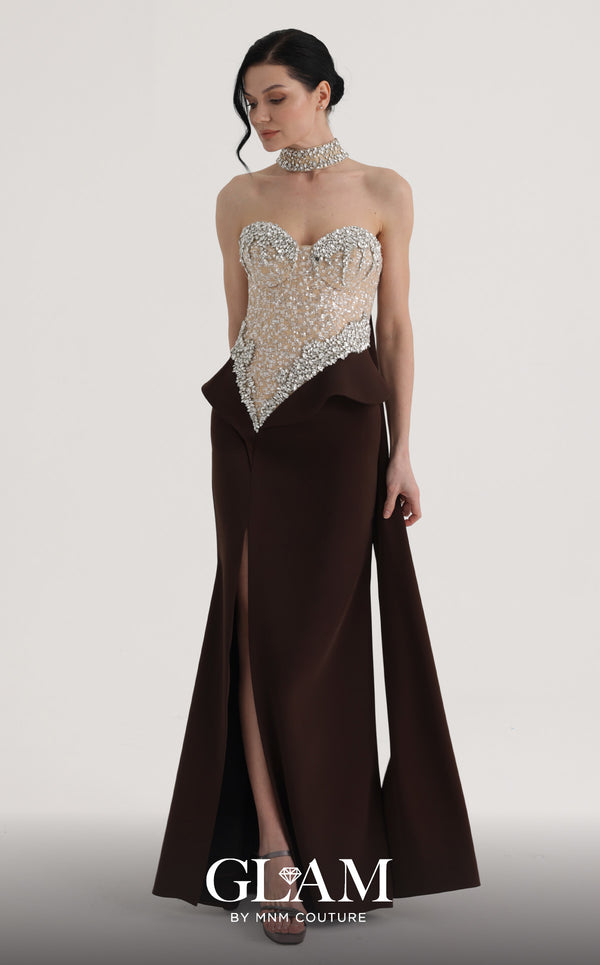 MNM Couture O07814 strapless crepe gown with beaded corset, crystals, peplum, and side slit