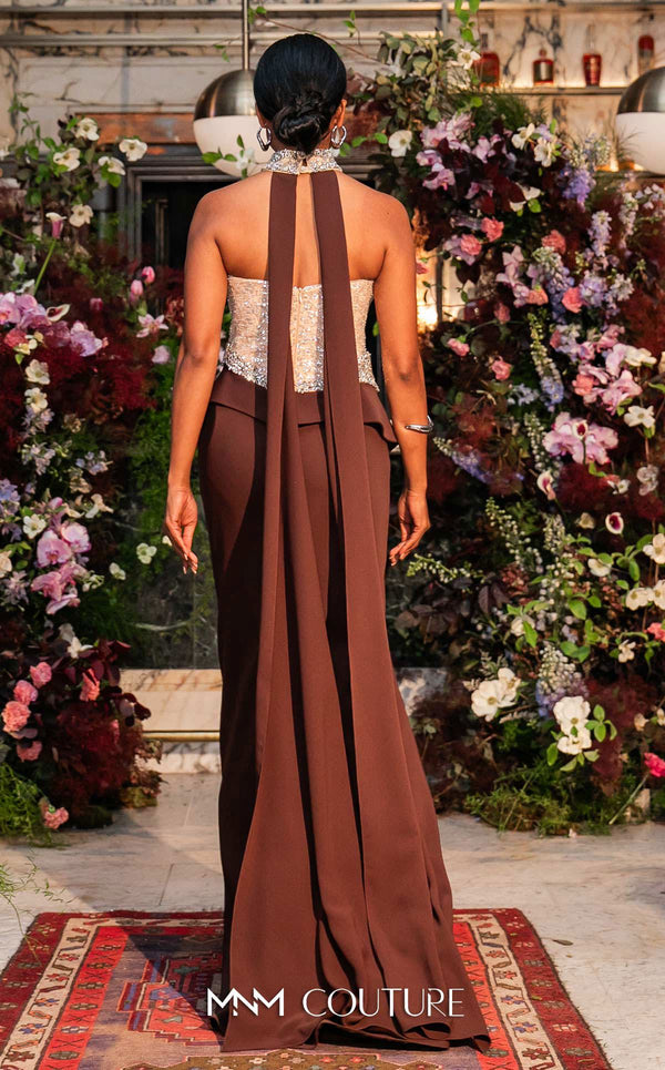 MNM Couture O07814 strapless crepe gown with beaded corset, crystals, peplum, and side slit