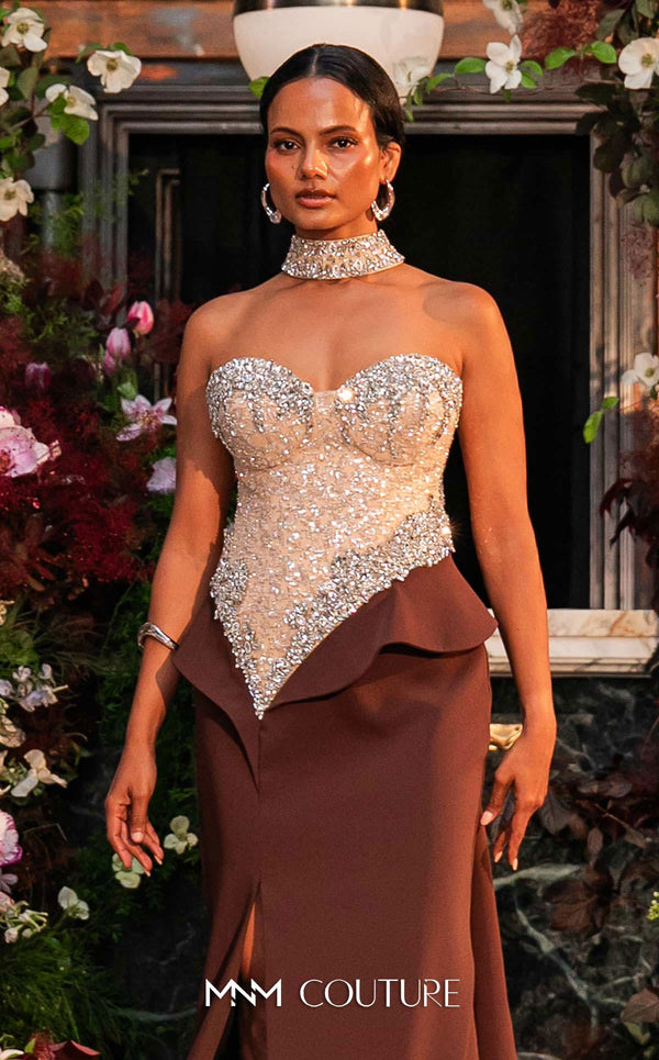 MNM Couture O07814 strapless crepe gown with beaded corset, crystals, peplum, and side slit