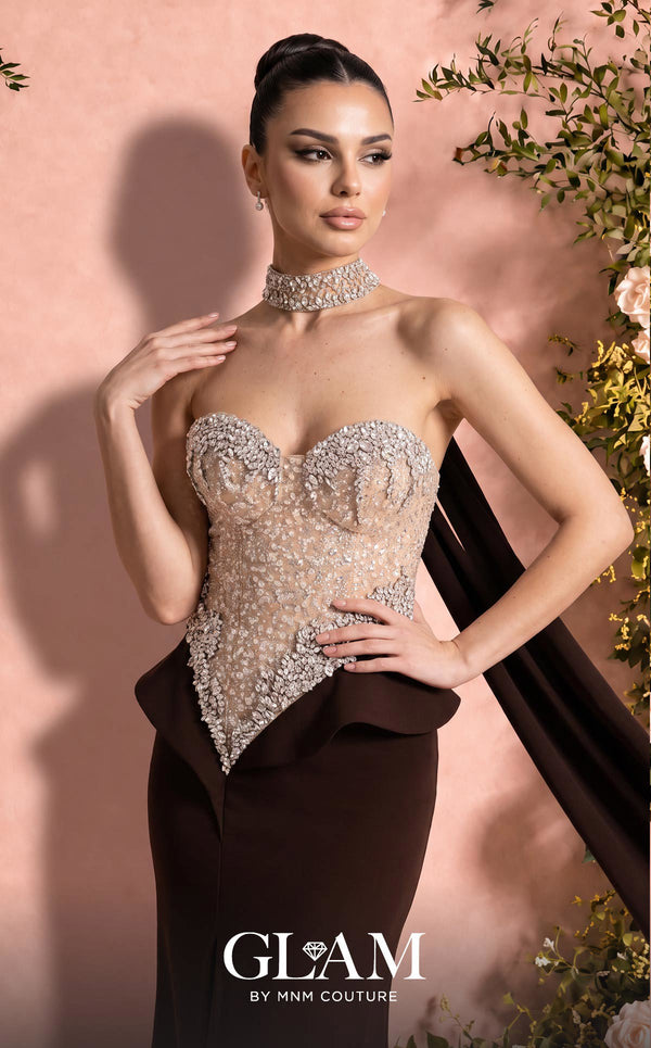 MNM Couture O07814 strapless crepe gown with beaded corset, crystals, peplum, and side slit