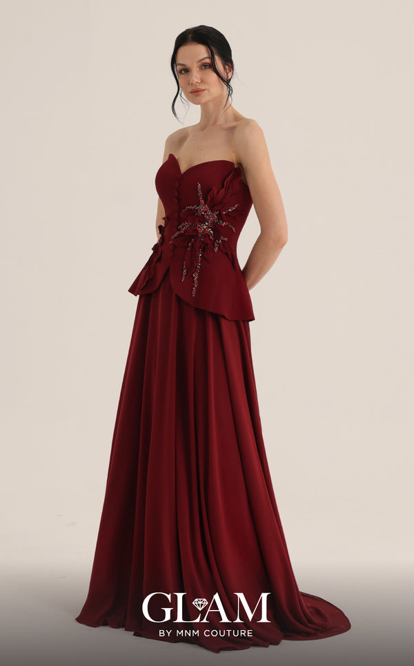 MNM Couture Style O07815 crepe corset chiffon gown with floral embellishments and rhinestones | Couture Shop LA