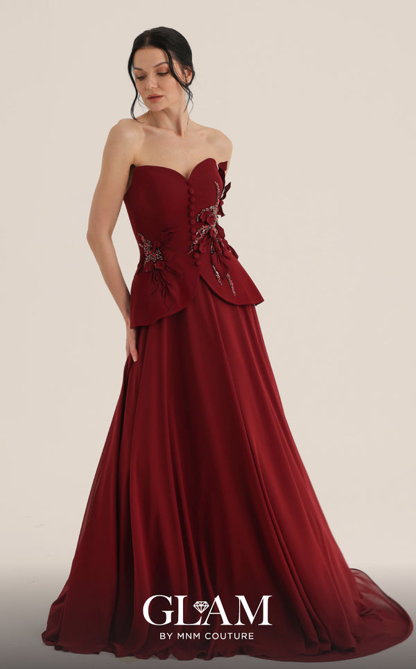 MNM Couture Style O07815 crepe corset chiffon gown with floral embellishments and rhinestones | Couture Shop LA