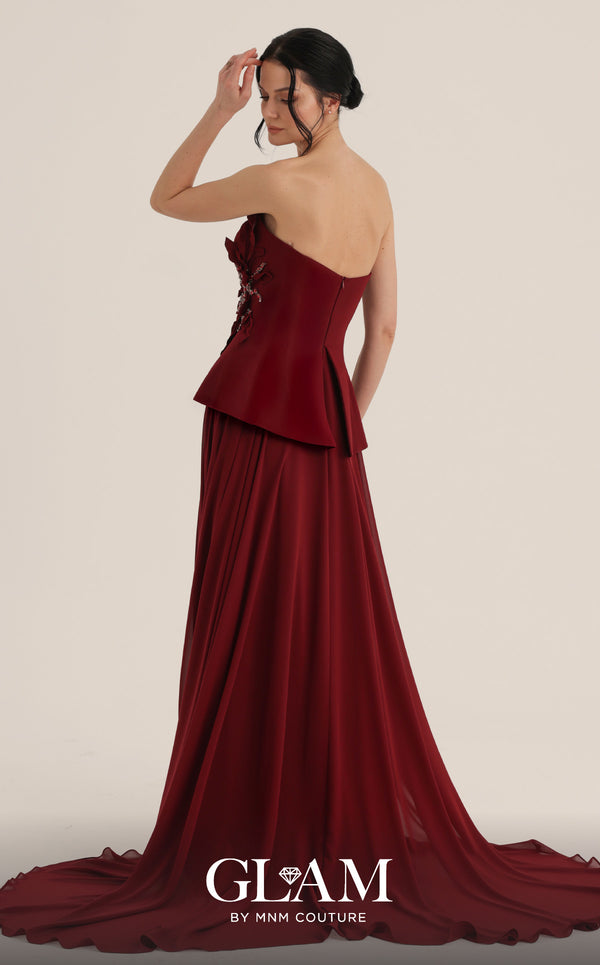 MNM Couture Style O07815 crepe corset chiffon gown with floral embellishments and rhinestones | Couture Shop LA