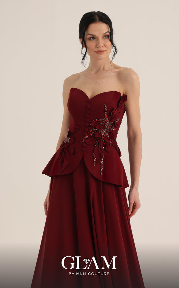 MNM Couture Style O07815 crepe corset chiffon gown with floral embellishments and rhinestones | Couture Shop LA