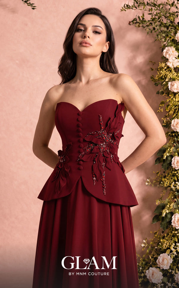 MNM Couture Style O07815 crepe corset chiffon gown with floral embellishments and rhinestones | Couture Shop LA