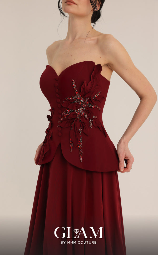 MNM Couture Style O07815 crepe corset chiffon gown with floral embellishments and rhinestones | Couture Shop LA