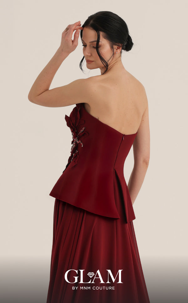 MNM Couture Style O07815 crepe corset chiffon gown with floral embellishments and rhinestones | Couture Shop LA
