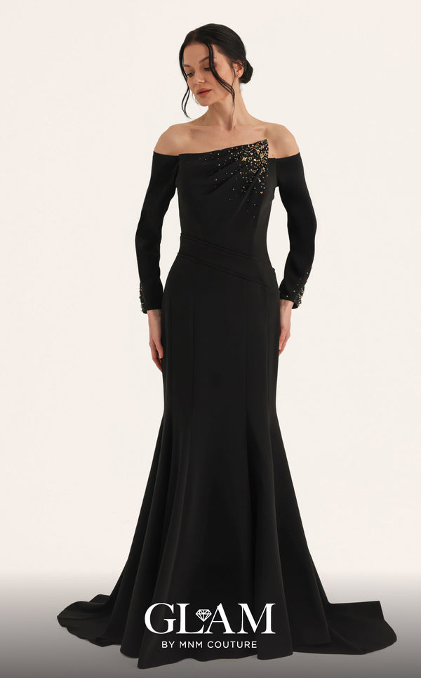 MNM Couture Style O07822 elegant crepe mermaid gown with asymmetric embellishment and beaded details | Couture Shop LA