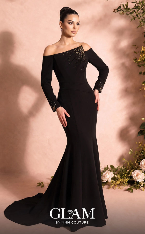 MNM Couture Style O07822 elegant crepe mermaid gown with asymmetric embellishment and beaded details | Couture Shop LA