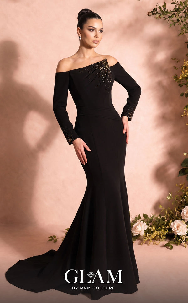 MNM Couture Style O07822 elegant crepe mermaid gown with asymmetric embellishment and beaded details | Couture Shop LA