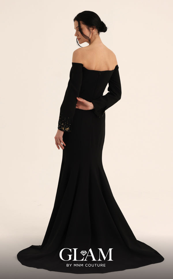 MNM Couture Style O07822 elegant crepe mermaid gown with asymmetric embellishment and beaded details | Couture Shop LA