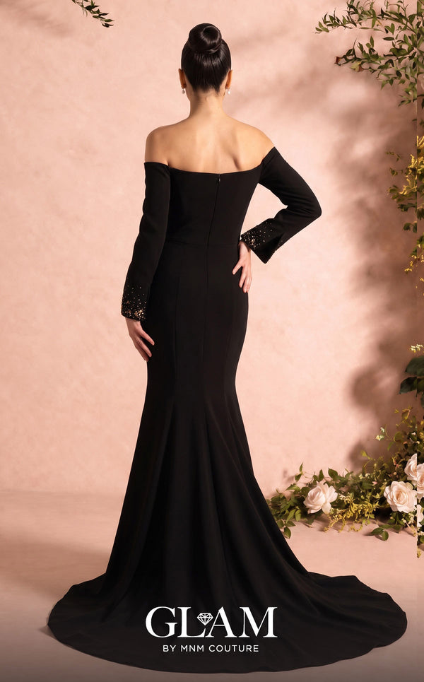 MNM Couture Style O07822 elegant crepe mermaid gown with asymmetric embellishment and beaded details | Couture Shop LA