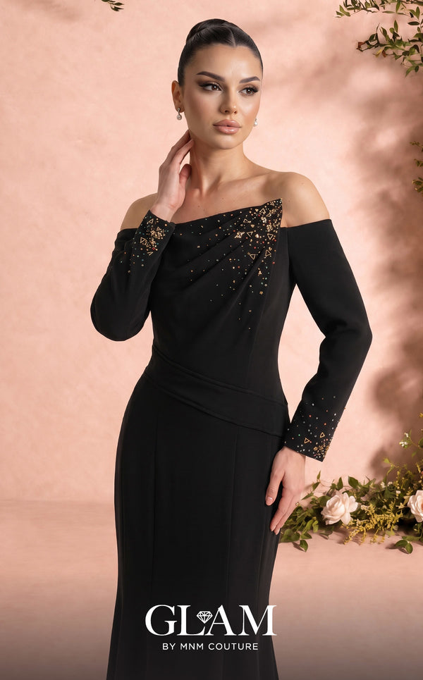 MNM Couture Style O07822 elegant crepe mermaid gown with asymmetric embellishment and beaded details | Couture Shop LA