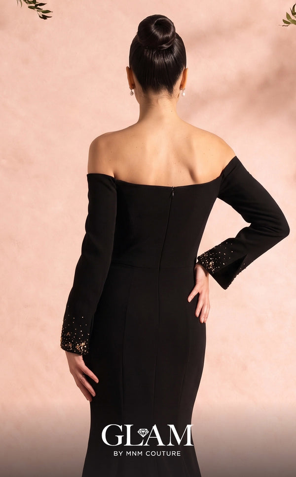 MNM Couture Style O07822 elegant crepe mermaid gown with asymmetric embellishment and beaded details | Couture Shop LA