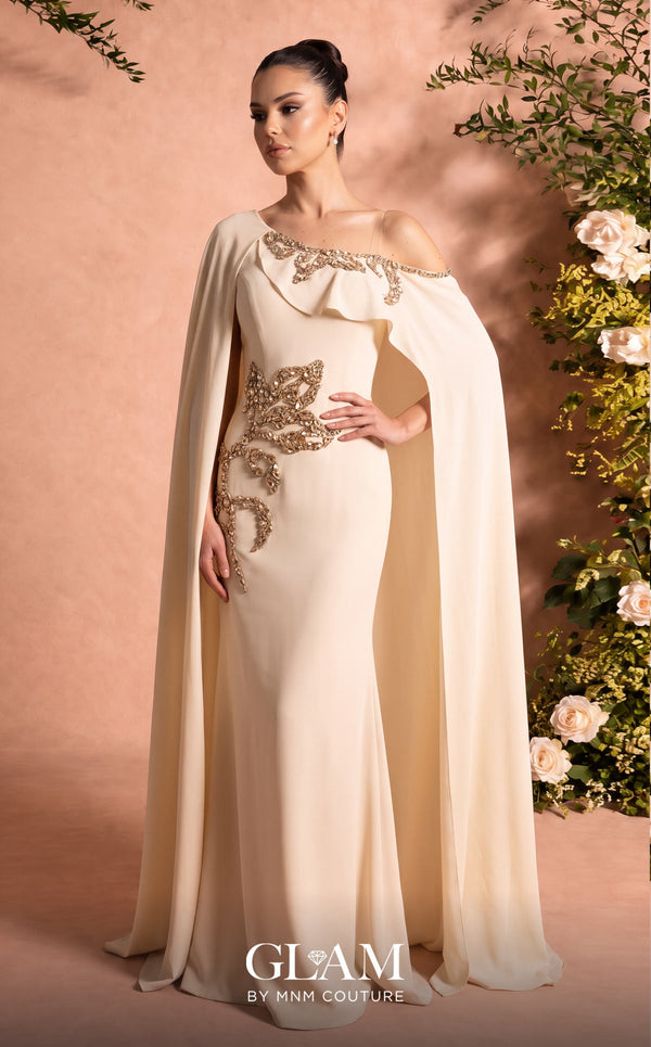 MNM Couture Style O07824 mermaid crepe gown with cape, crystal and rhinestone embellishments | Couture Shop LA
