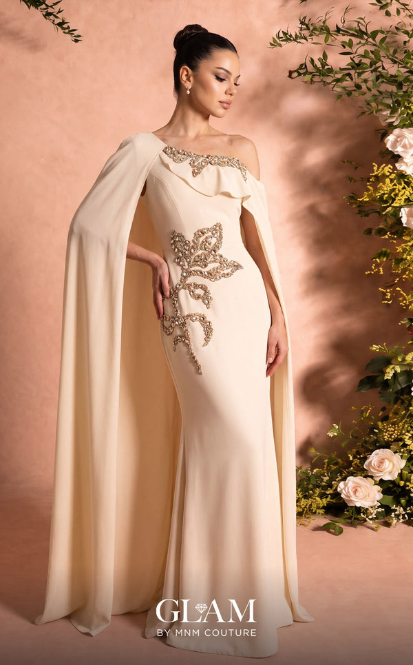 MNM Couture Style O07824 mermaid crepe gown with cape, crystal and rhinestone embellishments | Couture Shop LA